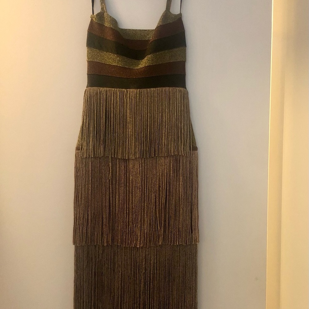 HERVÉ LÉGER, Fringe striped metallic bandage midi dress